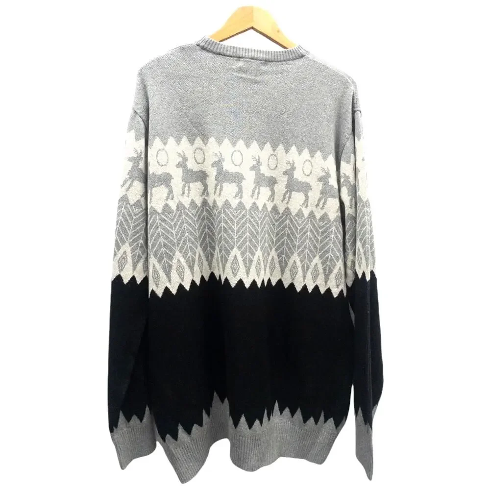 Alan Flusser Reindeer Fair Isle Crewneck Sweater Men's XXL Gray Black Cotton